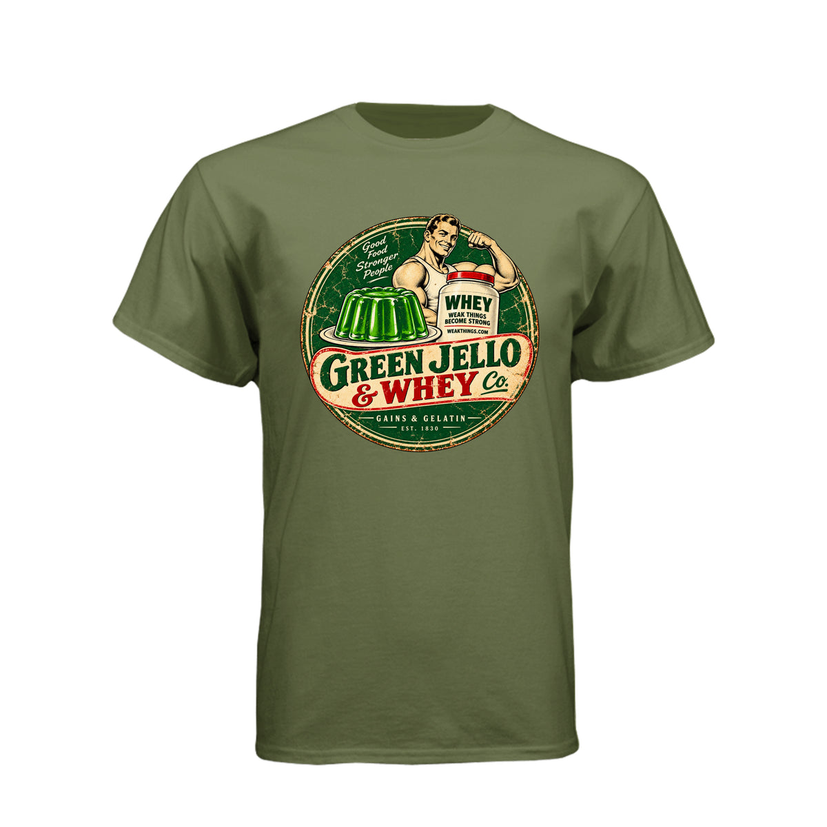 Green Jello and Whey Co LDS humor t-shirt combining Utah culture with fitness and faith - product view 9