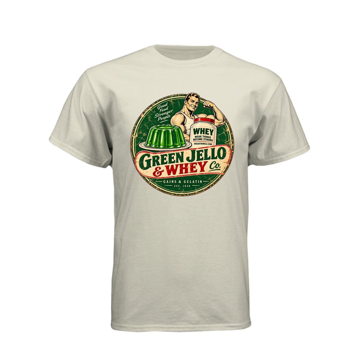 Green Jello and Whey Co LDS humor t-shirt combining Utah culture with fitness and faith - product view 12