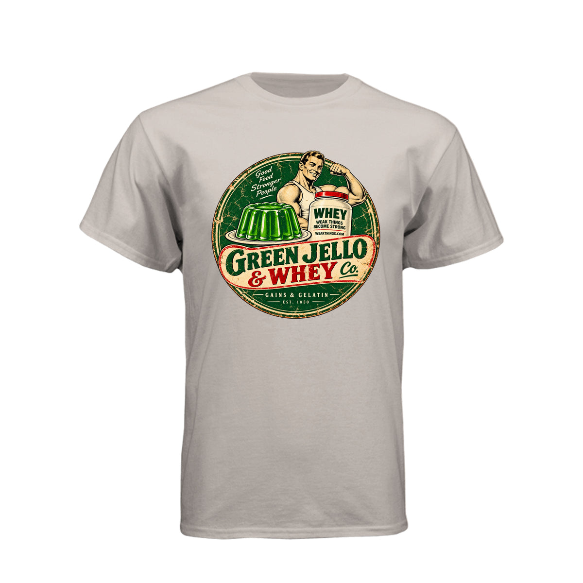 Green Jello and Whey Co LDS humor t-shirt combining Utah culture with fitness and faith - product view 13