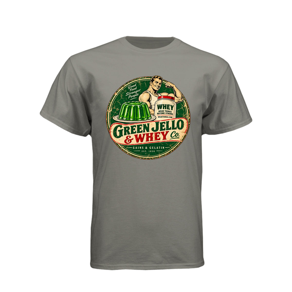Green Jello and Whey Co LDS humor t-shirt combining Utah culture with fitness and faith - product view 14