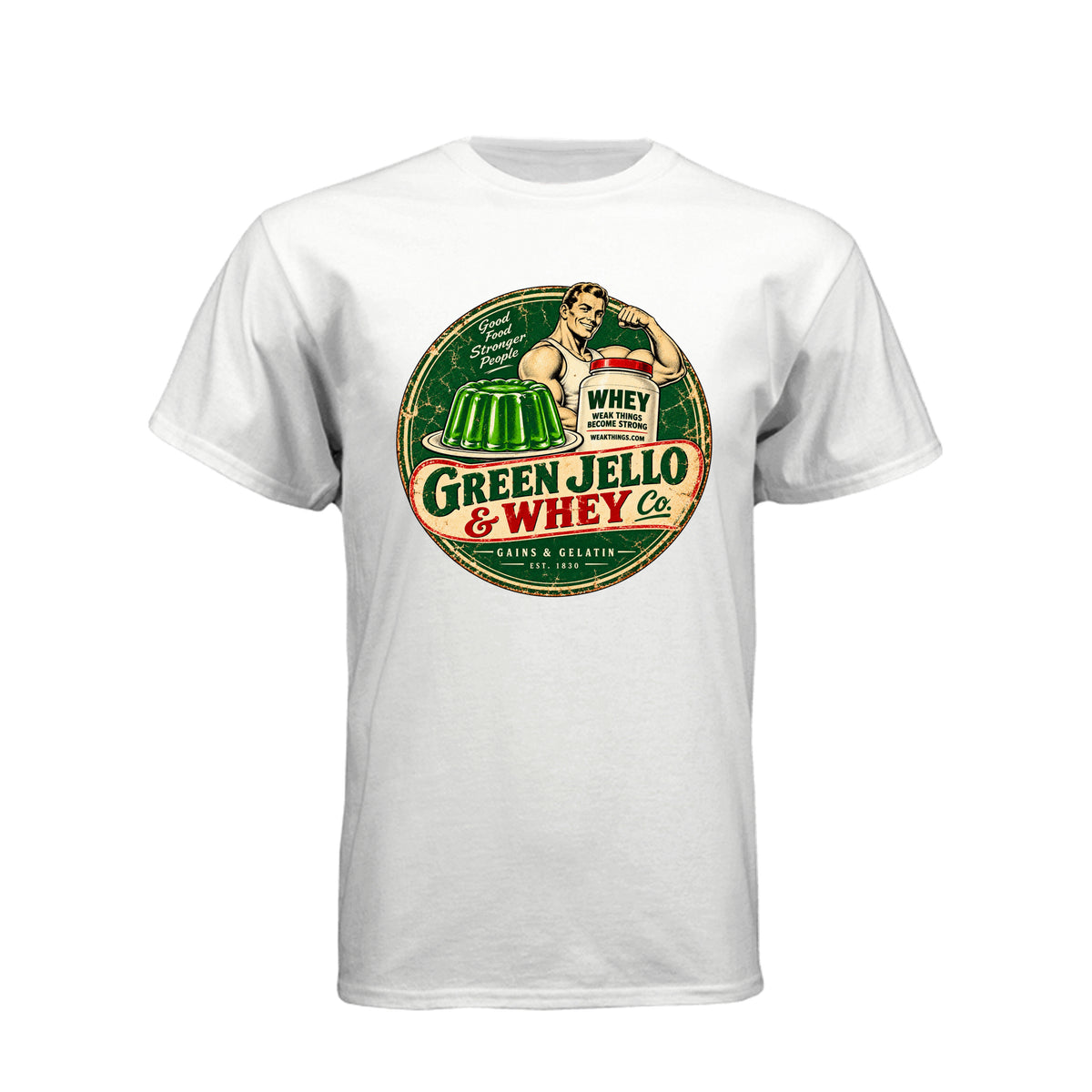 Green Jello and Whey Co LDS humor t-shirt combining Utah culture with fitness and faith - product view 15