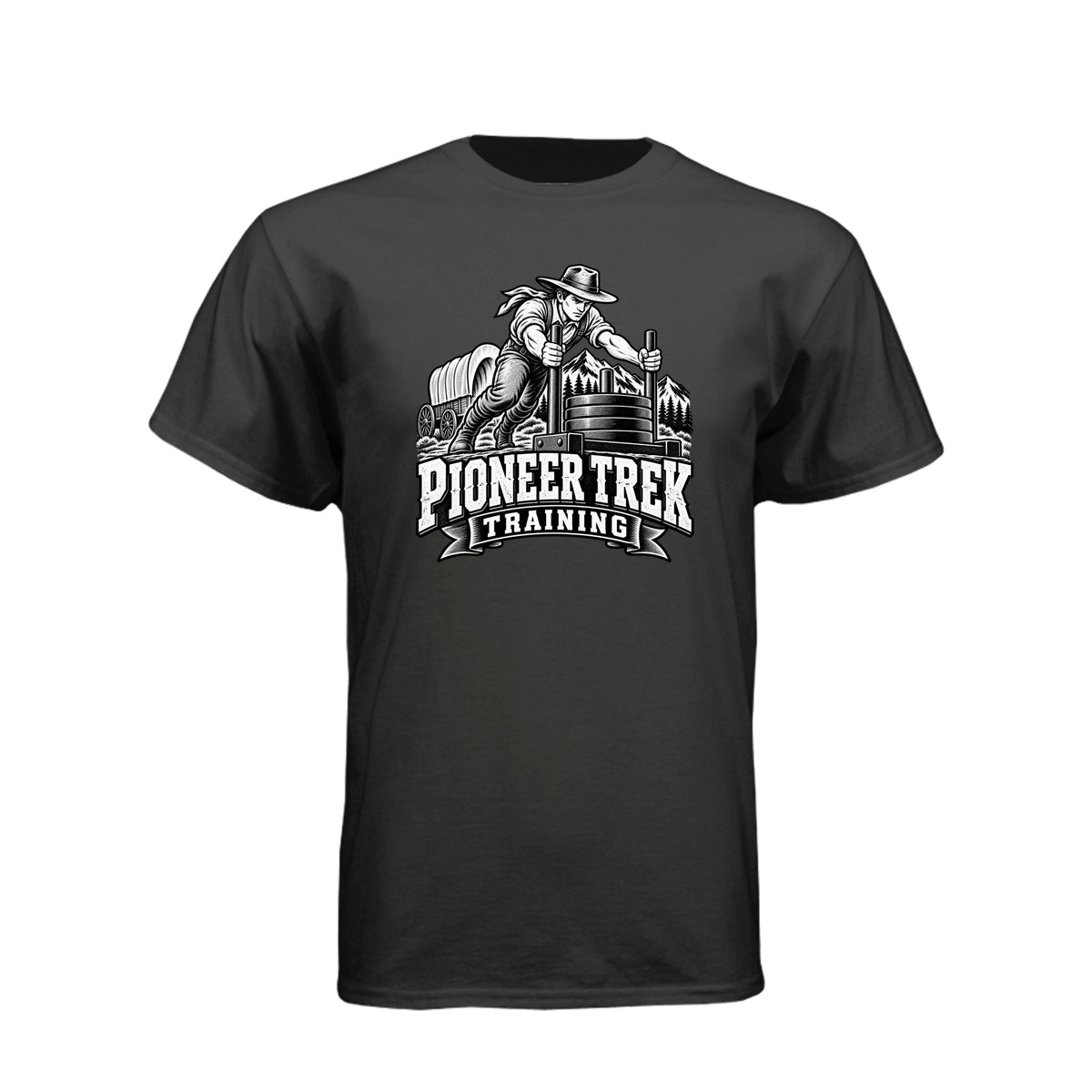 Pioneer Trek Training LDS t-shirt featuring pioneer heritage and physical spiritual preparation humor - product view 2