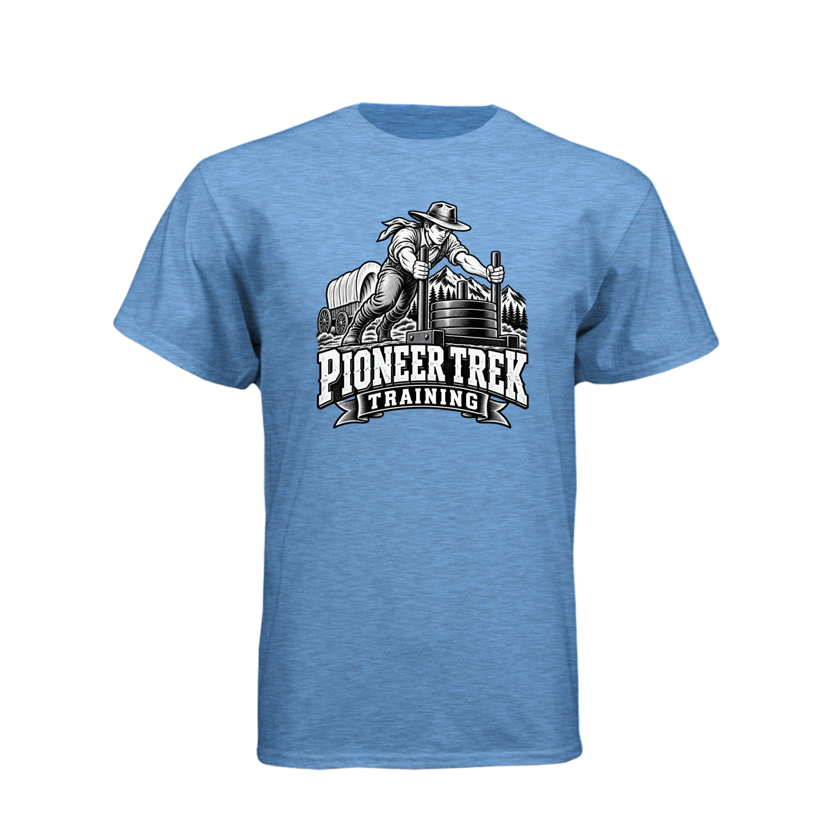 Pioneer Trek Training LDS t-shirt featuring pioneer heritage and physical spiritual preparation humor - product view 3
