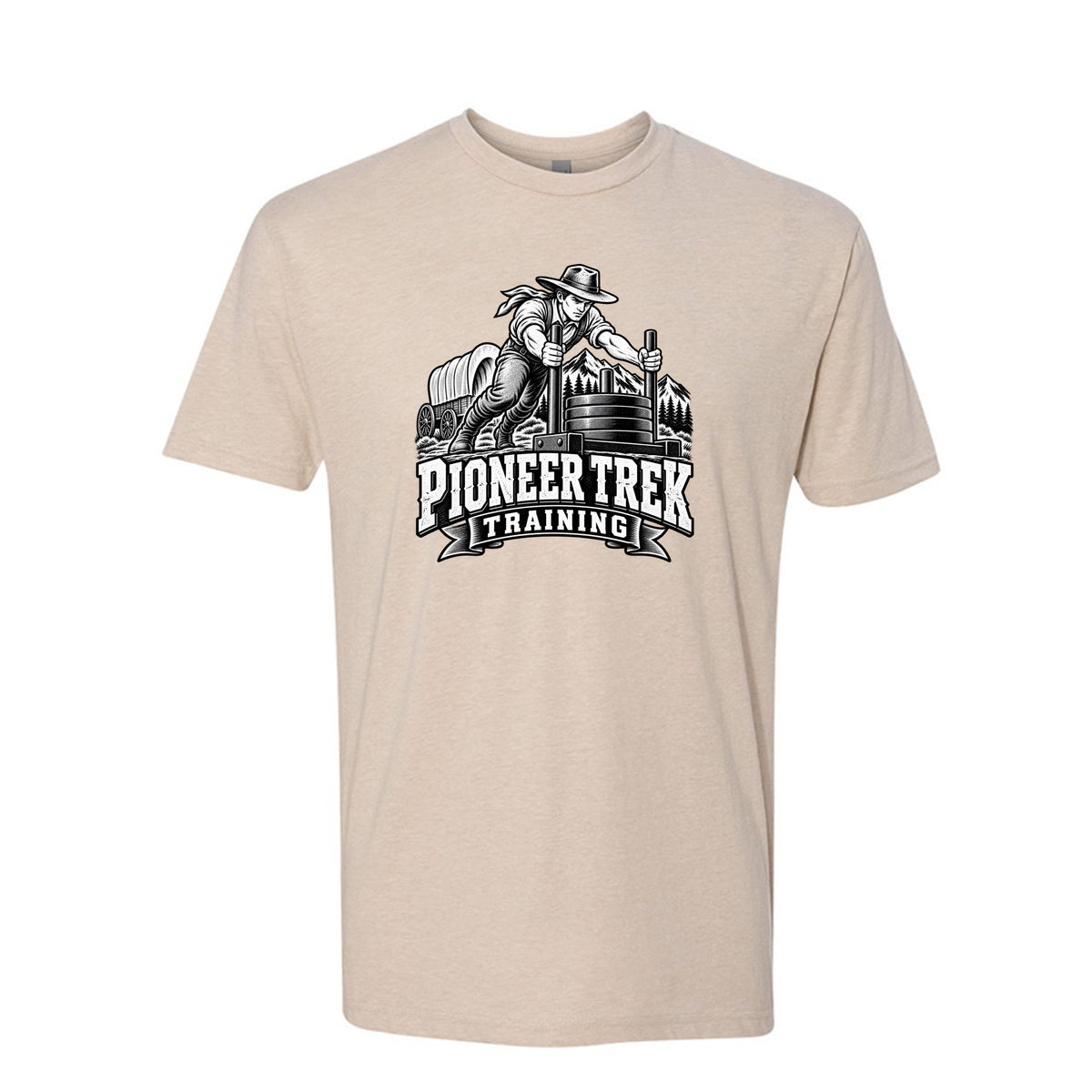 Pioneer Trek Training LDS t-shirt featuring pioneer heritage and physical spiritual preparation humor - product view 4