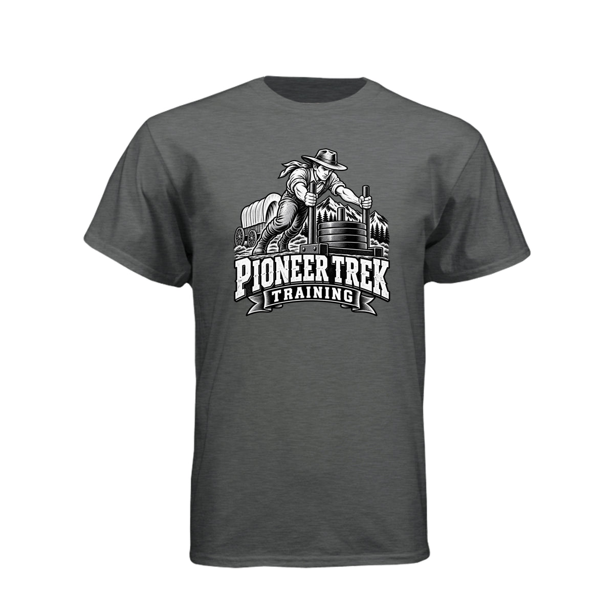 Pioneer Trek Training LDS t-shirt featuring pioneer heritage and physical spiritual preparation humor - product view 5
