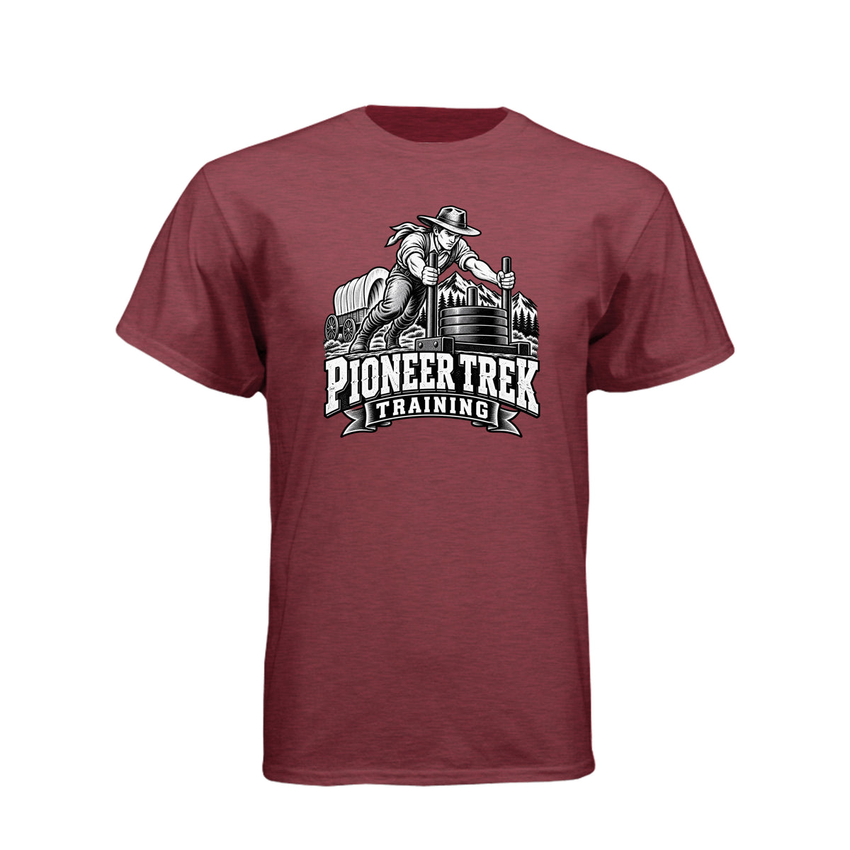 Pioneer Trek Training LDS t-shirt featuring pioneer heritage and physical spiritual preparation humor - product view 6
