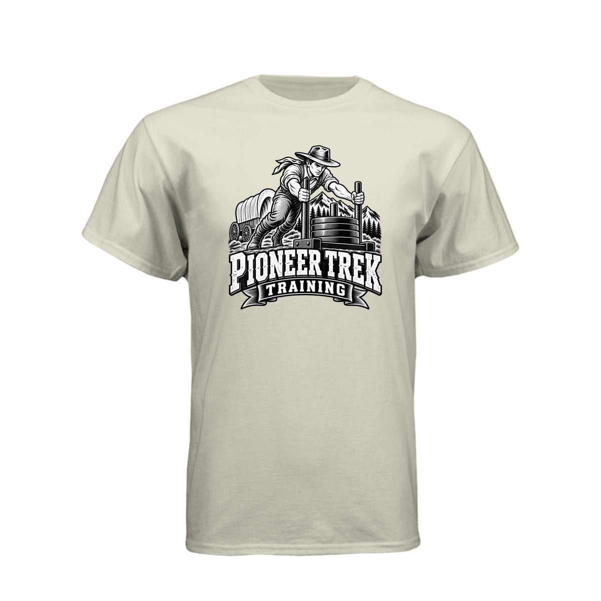 Pioneer Trek Training LDS t-shirt featuring pioneer heritage and physical spiritual preparation humor