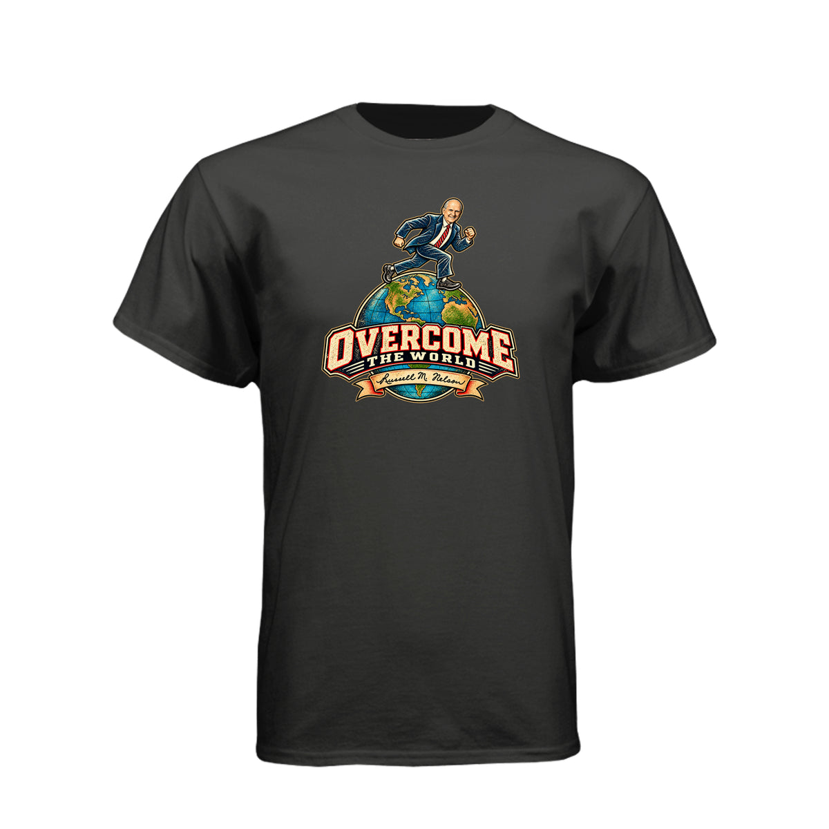 President Russell M. Nelson Overcome The World LDS t-shirt featuring prophet and General Conference message - product view 2