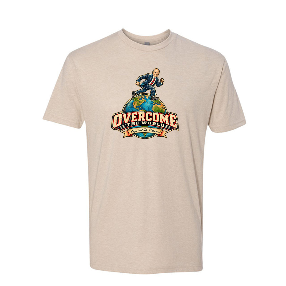 President Russell M. Nelson Overcome The World LDS t-shirt featuring prophet and General Conference message