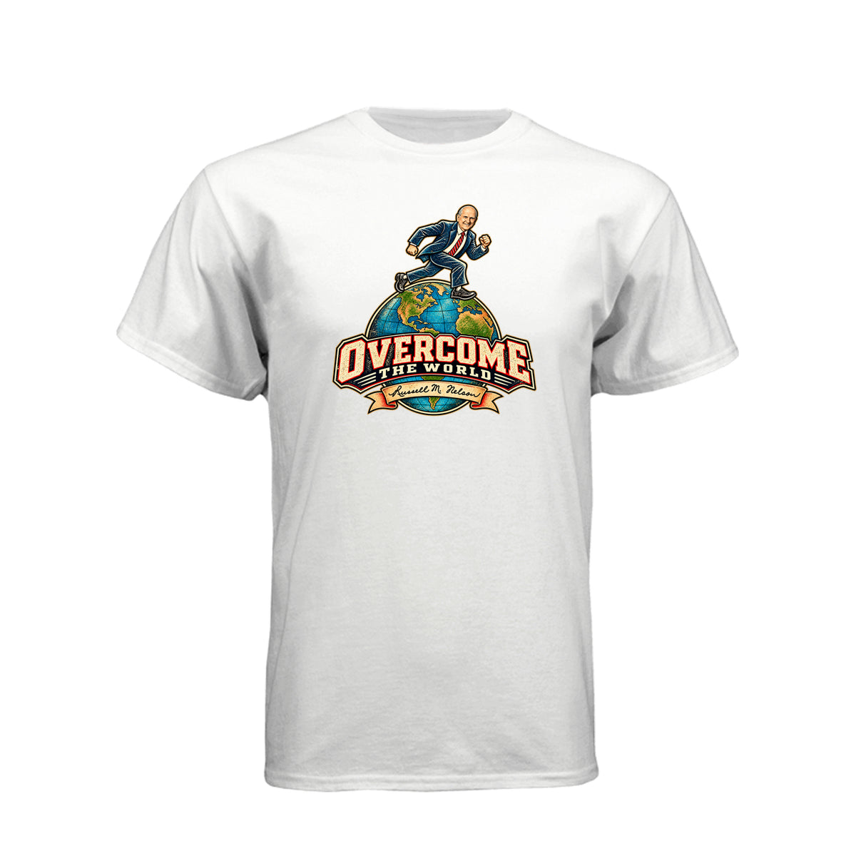 President Russell M. Nelson Overcome The World LDS t-shirt featuring prophet and General Conference message - product view 15