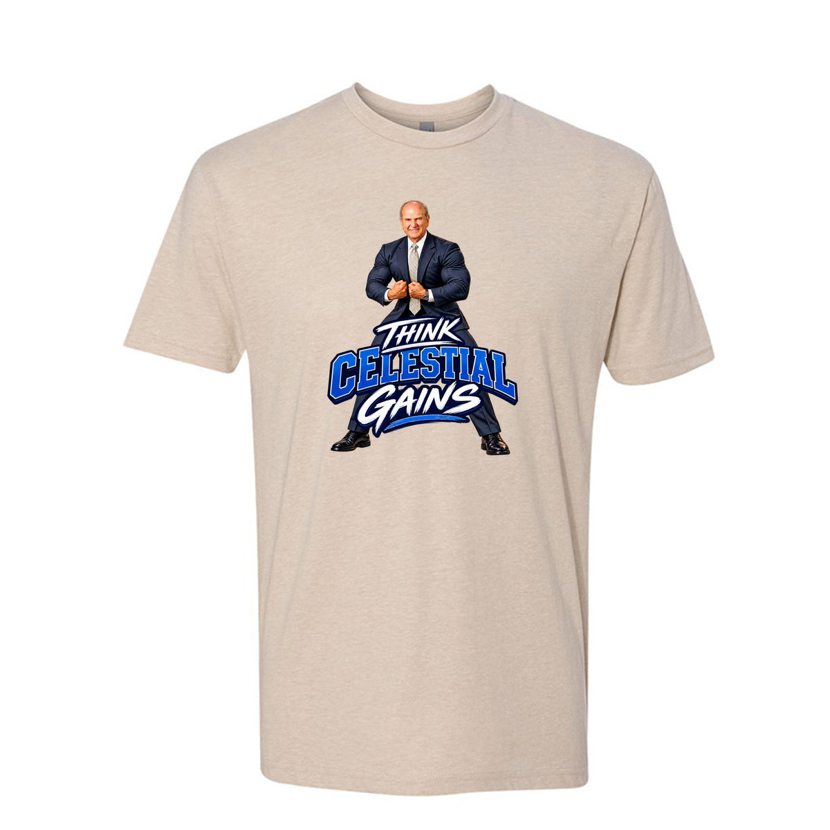 President Russell M. Nelson Think Celestial Gains LDS t-shirt featuring prophet and eternal fitness message - product view 3