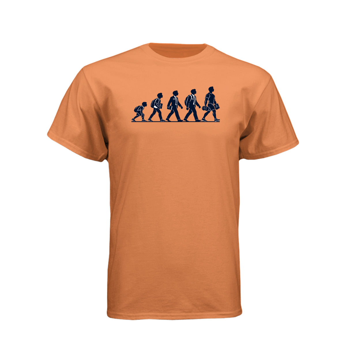 Returned Missionary Evolution LDS t-shirt featuring humor about post-mission life and growth