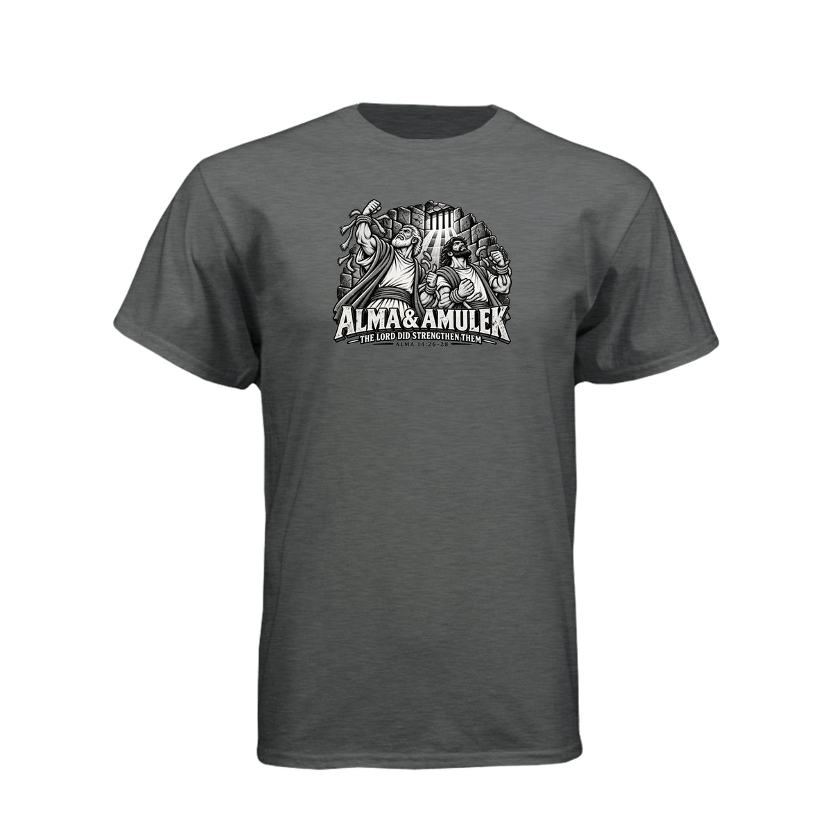Alma and Amulek LDS t-shirt design inspired by Book of Mormon scripture about strength through faith - product view 3