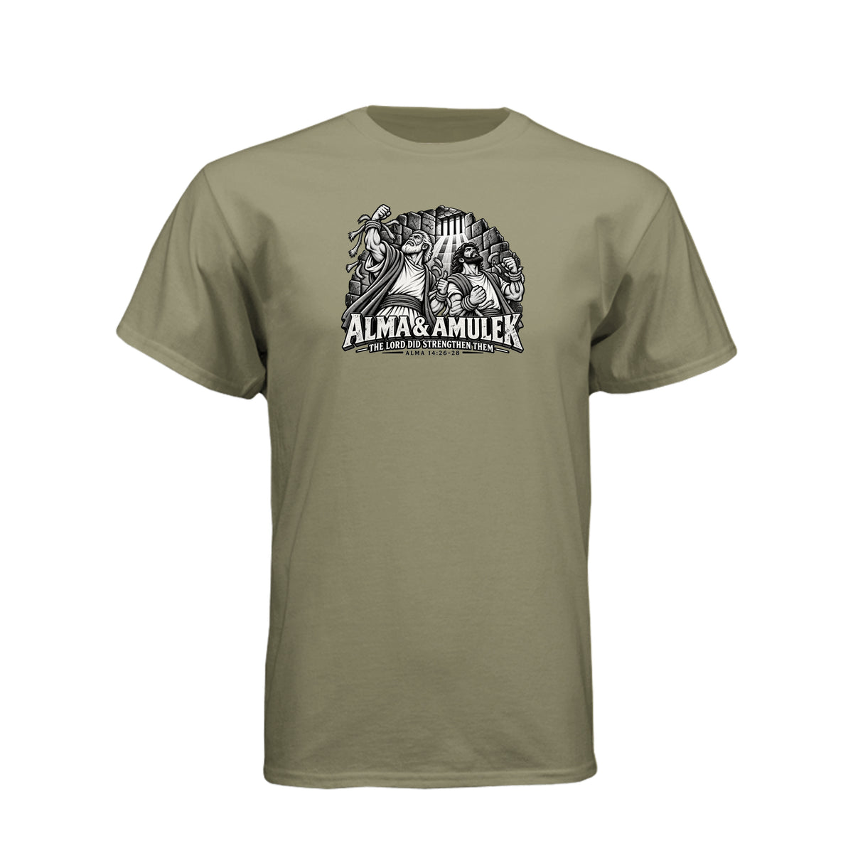 Alma and Amulek LDS t-shirt design inspired by Book of Mormon scripture about strength through faith - product view 6