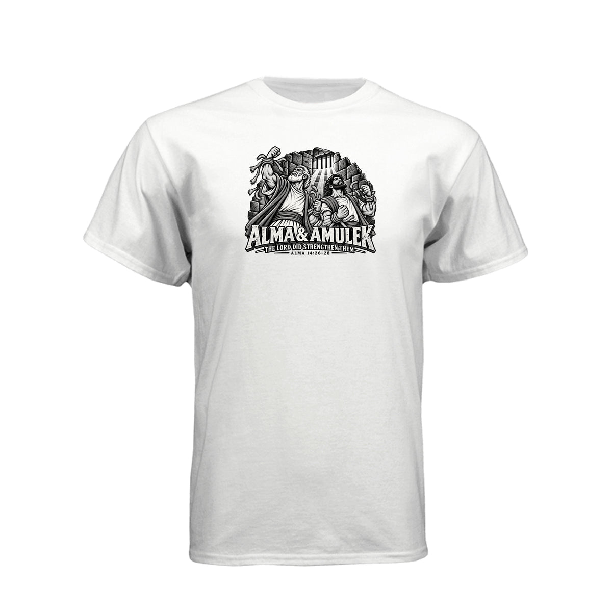Alma and Amulek LDS t-shirt design inspired by Book of Mormon scripture about strength through faith - product view 14