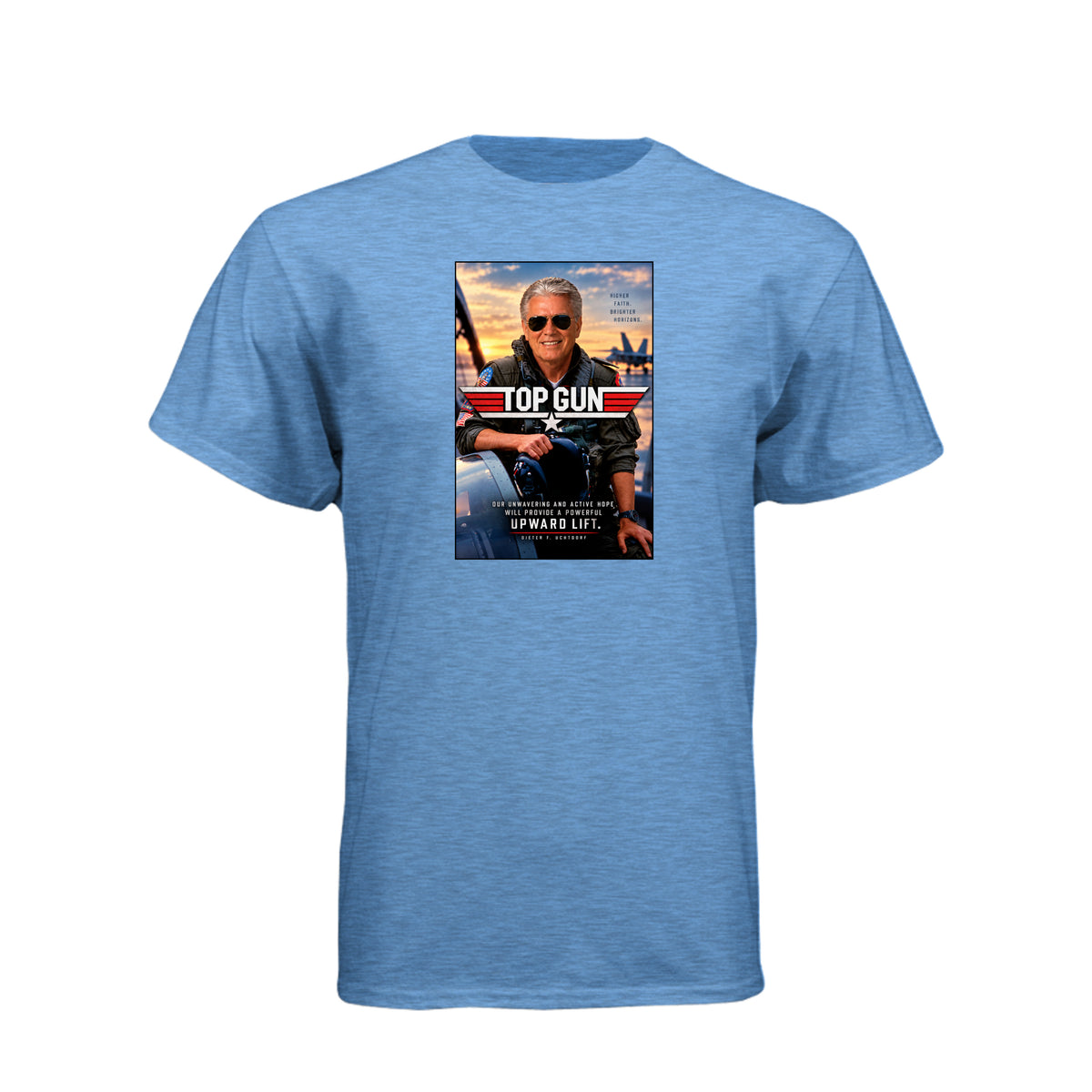 President Uchtdorf Top Gun LDS t-shirt featuring apostle and pilot with faith and courage theme