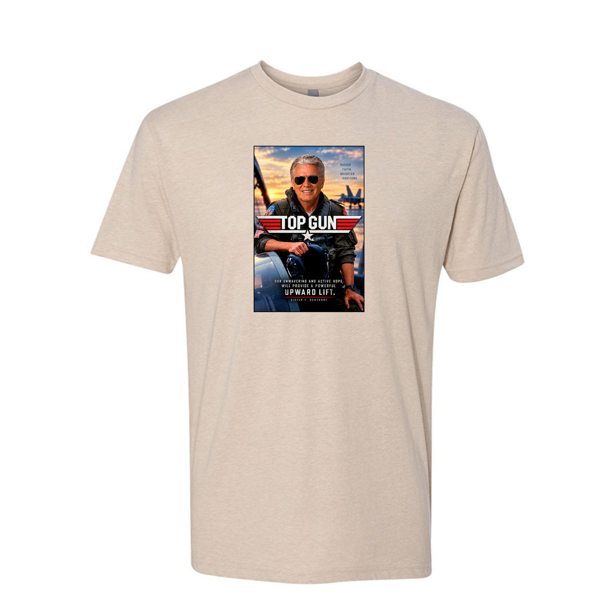 President Uchtdorf Top Gun LDS t-shirt featuring apostle and pilot with faith and courage theme - product view 2