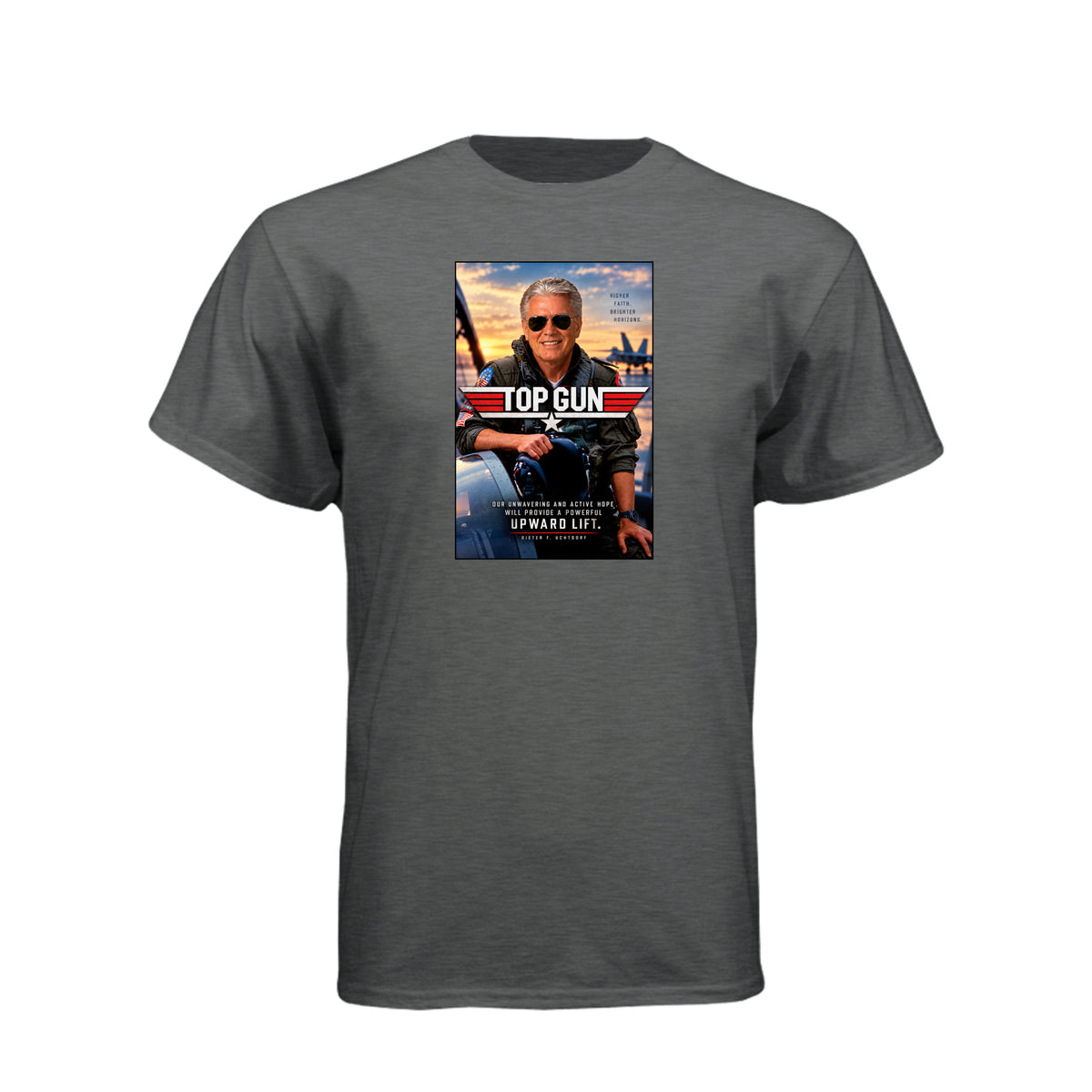 President Uchtdorf Top Gun LDS t-shirt featuring apostle and pilot with faith and courage theme - product view 3