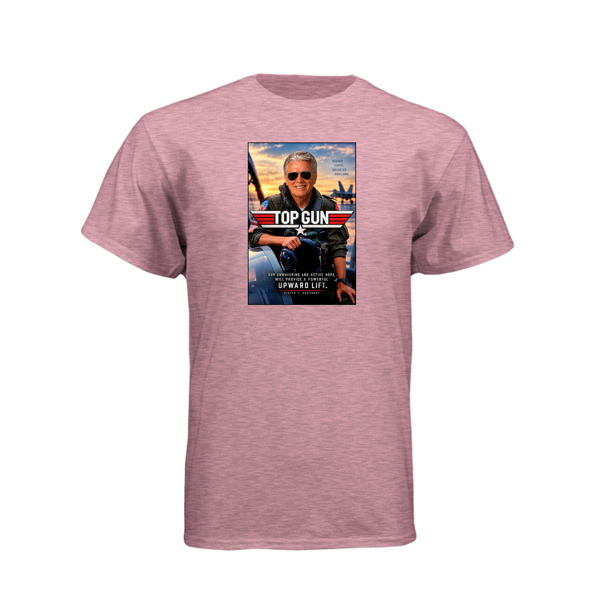 President Uchtdorf Top Gun LDS t-shirt featuring apostle and pilot with faith and courage theme - product view 4