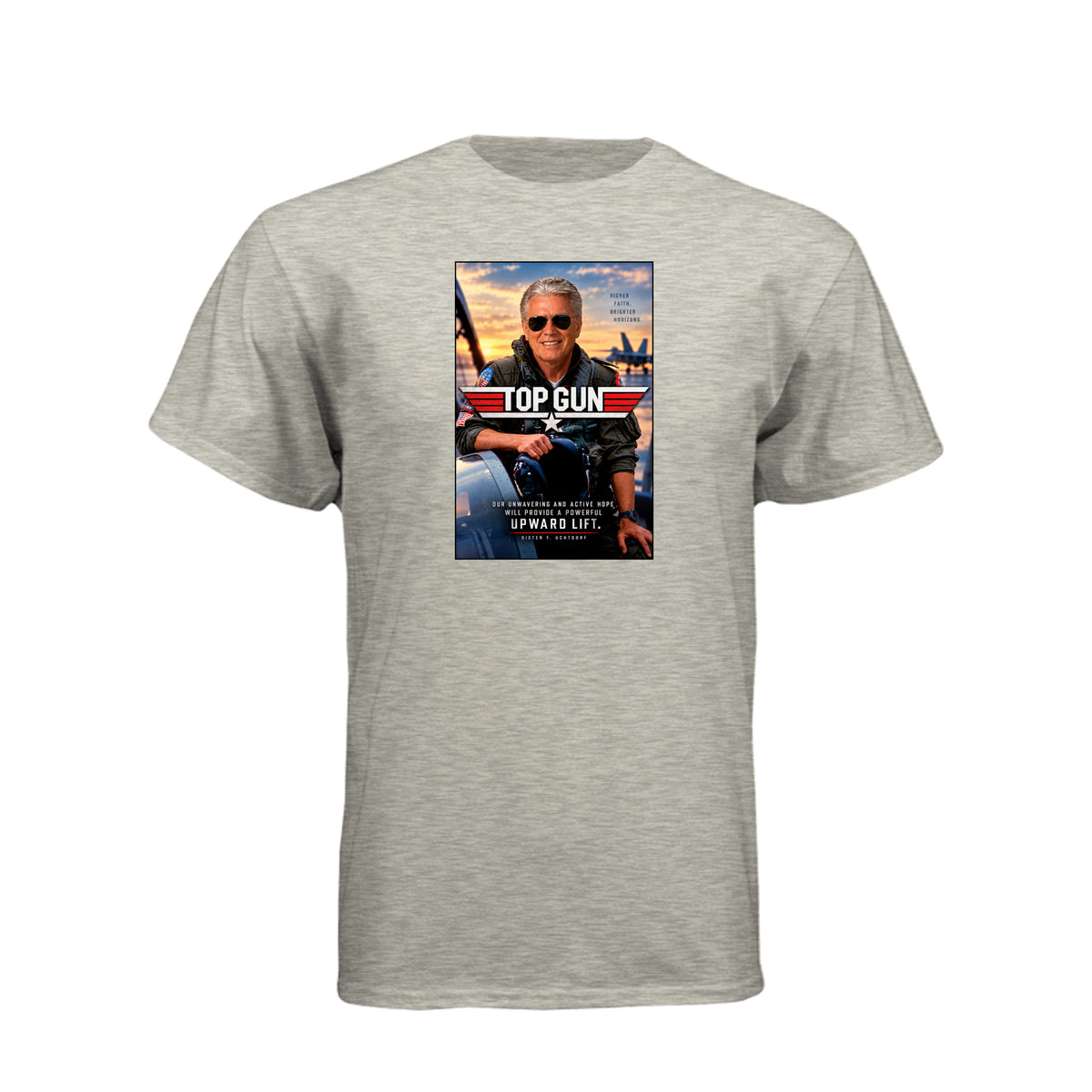 President Uchtdorf Top Gun LDS t-shirt featuring apostle and pilot with faith and courage theme - product view 5
