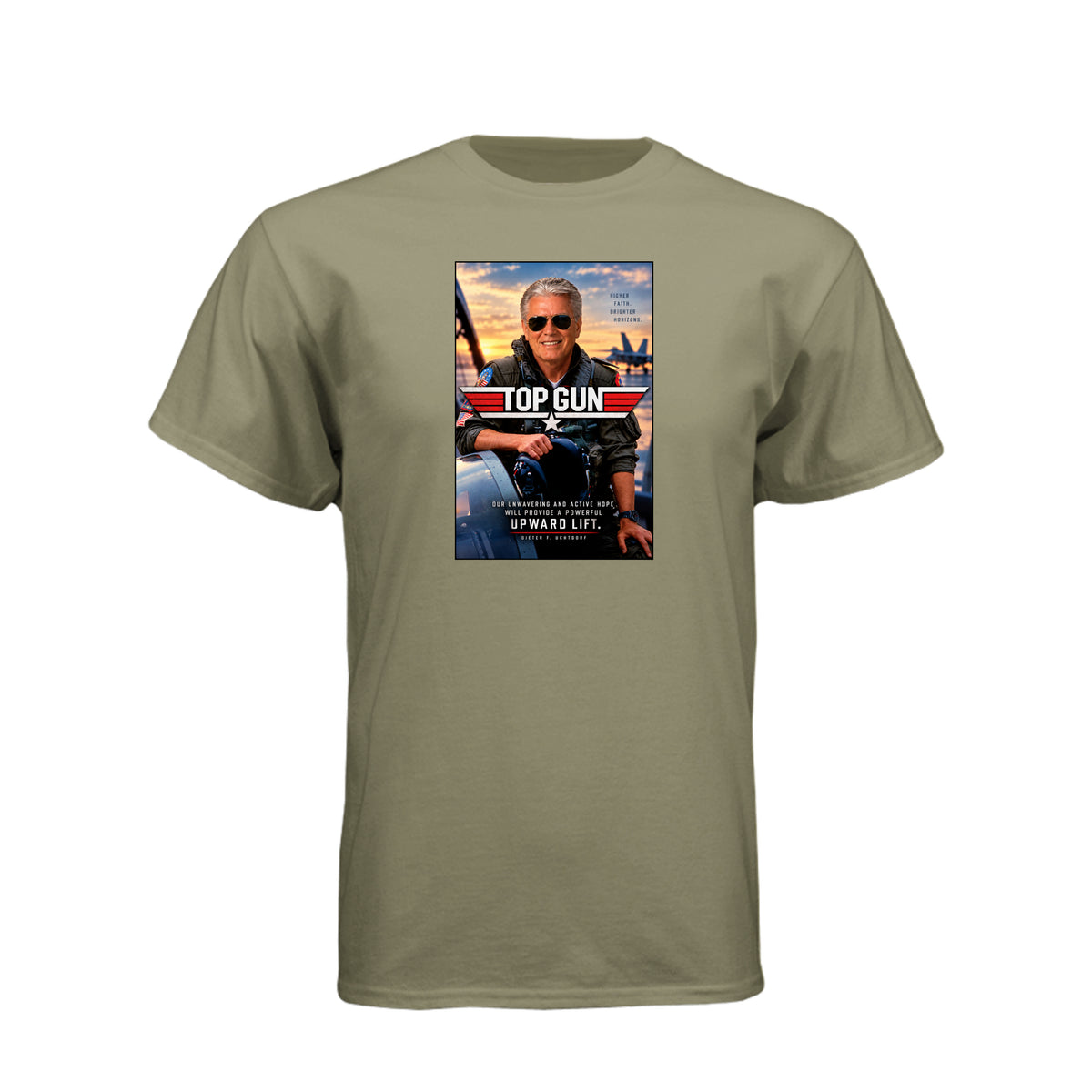 President Uchtdorf Top Gun LDS t-shirt featuring apostle and pilot with faith and courage theme - product view 6