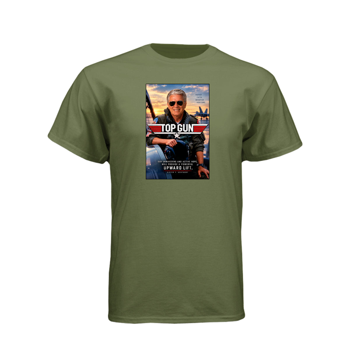 President Uchtdorf Top Gun LDS t-shirt featuring apostle and pilot with faith and courage theme - product view 7