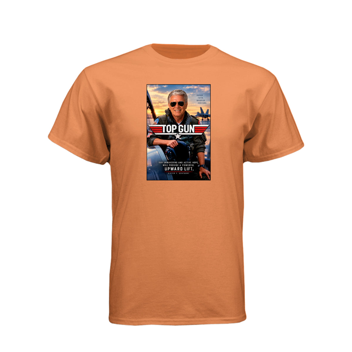 President Uchtdorf Top Gun LDS t-shirt featuring apostle and pilot with faith and courage theme - product view 8