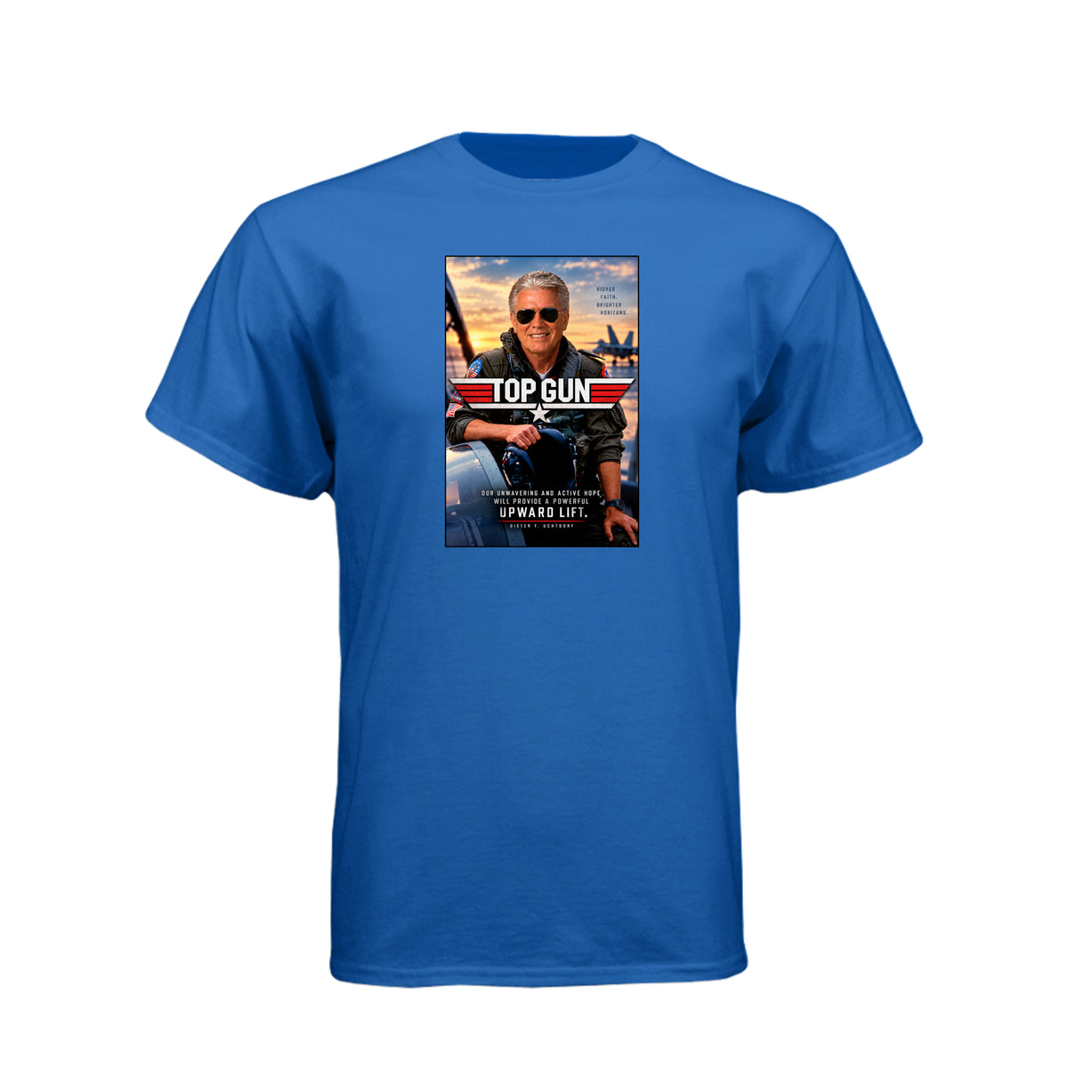 President Uchtdorf Top Gun LDS t-shirt featuring apostle and pilot with faith and courage theme - product view 9