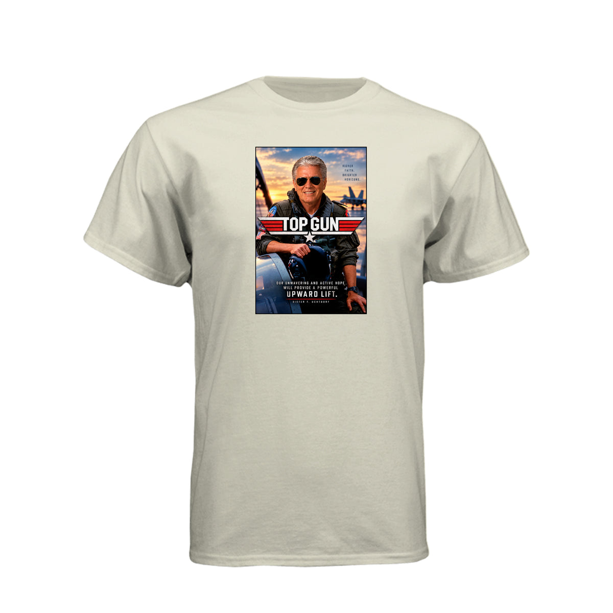 President Uchtdorf Top Gun LDS t-shirt featuring apostle and pilot with faith and courage theme - product view 10
