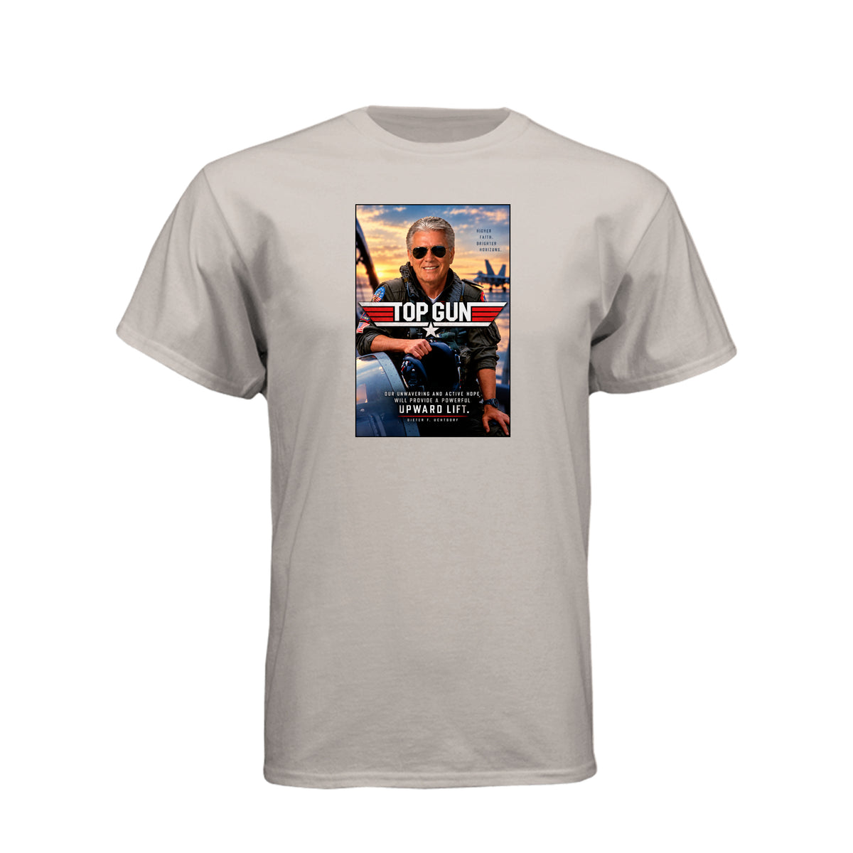 President Uchtdorf Top Gun LDS t-shirt featuring apostle and pilot with faith and courage theme - product view 11