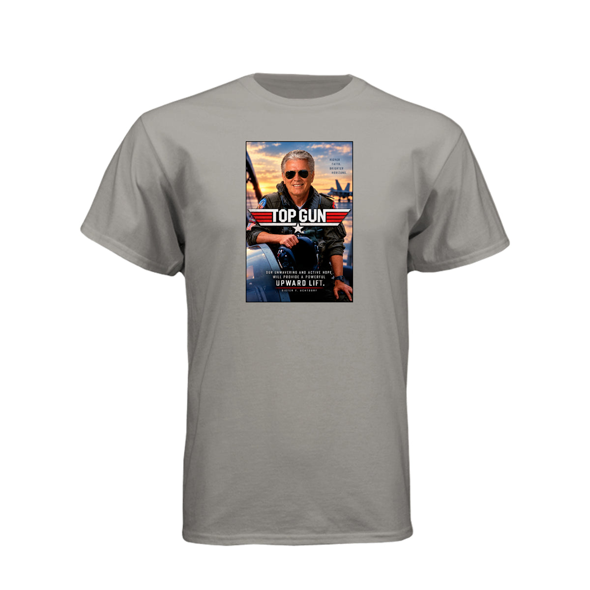 President Uchtdorf Top Gun LDS t-shirt featuring apostle and pilot with faith and courage theme - product view 12