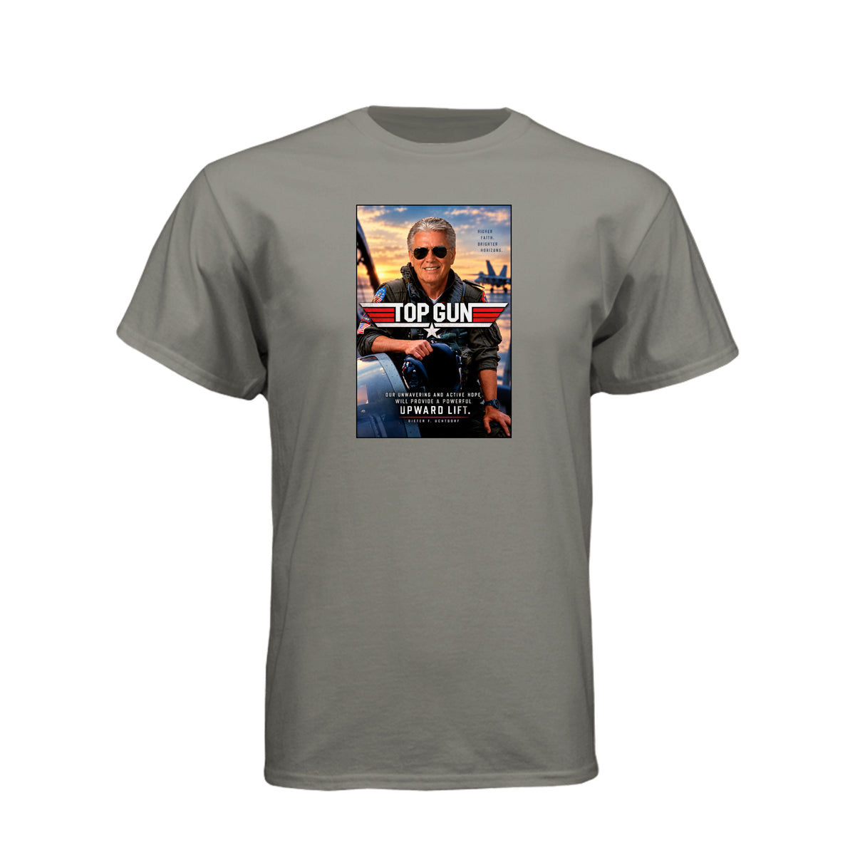 President Uchtdorf Top Gun LDS t-shirt featuring apostle and pilot with faith and courage theme - product view 13
