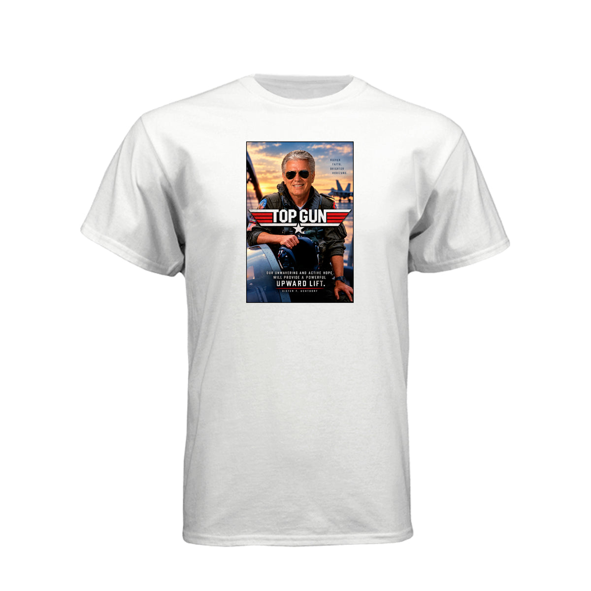 President Uchtdorf Top Gun LDS t-shirt featuring apostle and pilot with faith and courage theme - product view 14