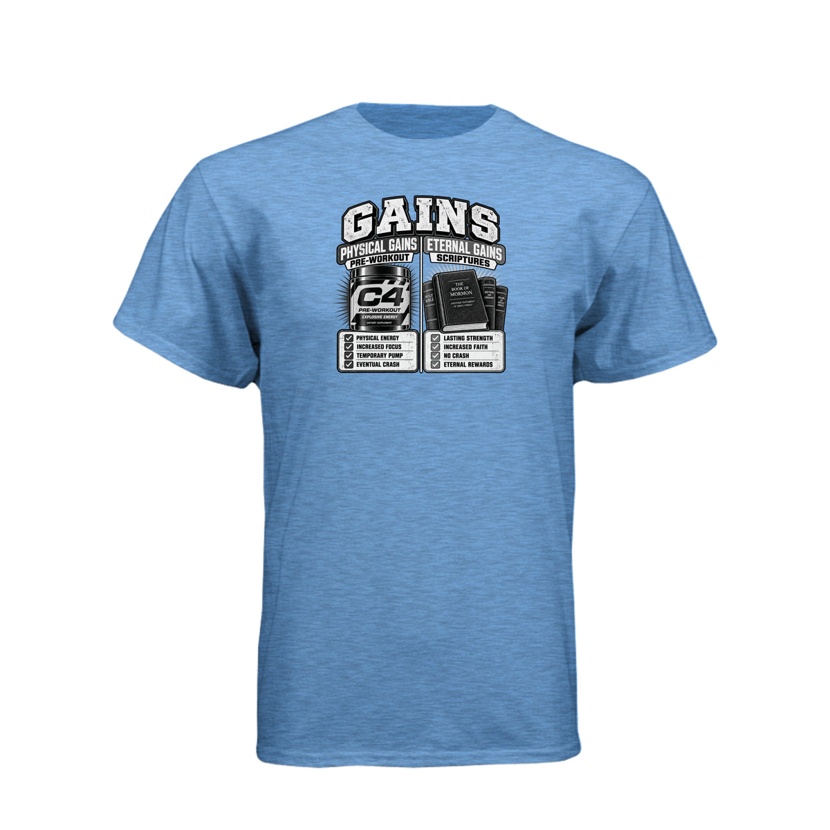 Gains Physical and Eternal Strength LDS t-shirt combining fitness gains with spiritual growth message - product view 2