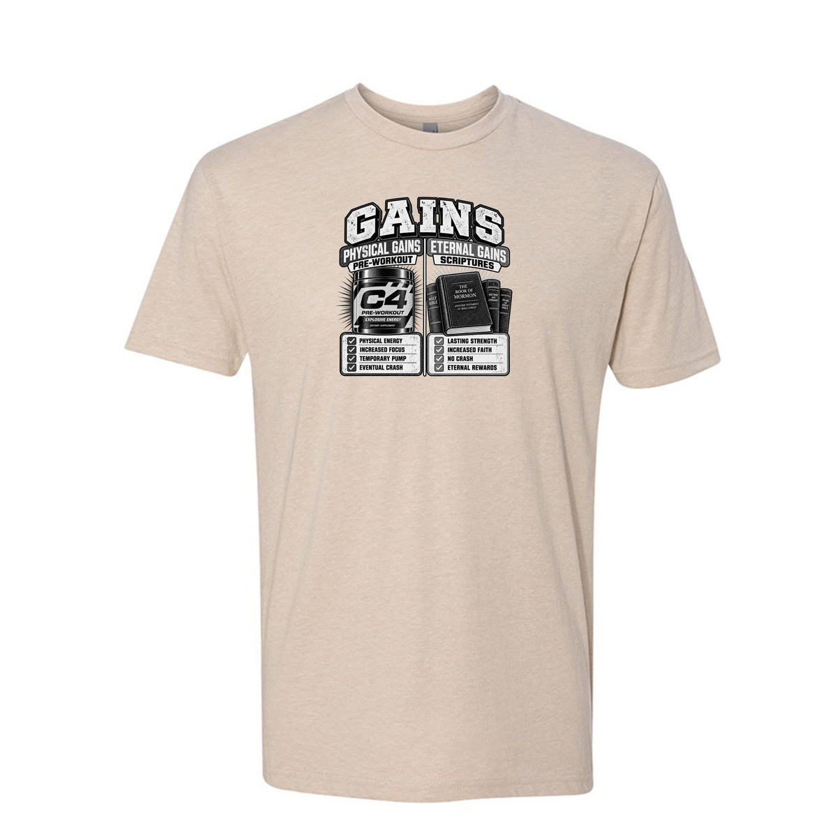 Gains Physical and Eternal Strength LDS t-shirt combining fitness gains with spiritual growth message - product view 3