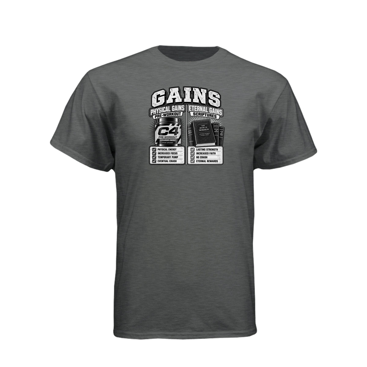 Gains Physical and Eternal Strength LDS t-shirt combining fitness gains with spiritual growth message - product view 4