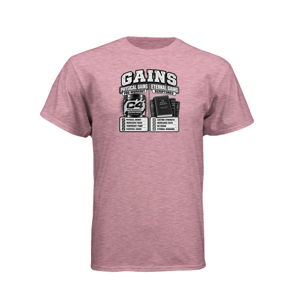Gains Physical and Eternal Strength LDS t-shirt combining fitness gains with spiritual growth message - product view 5