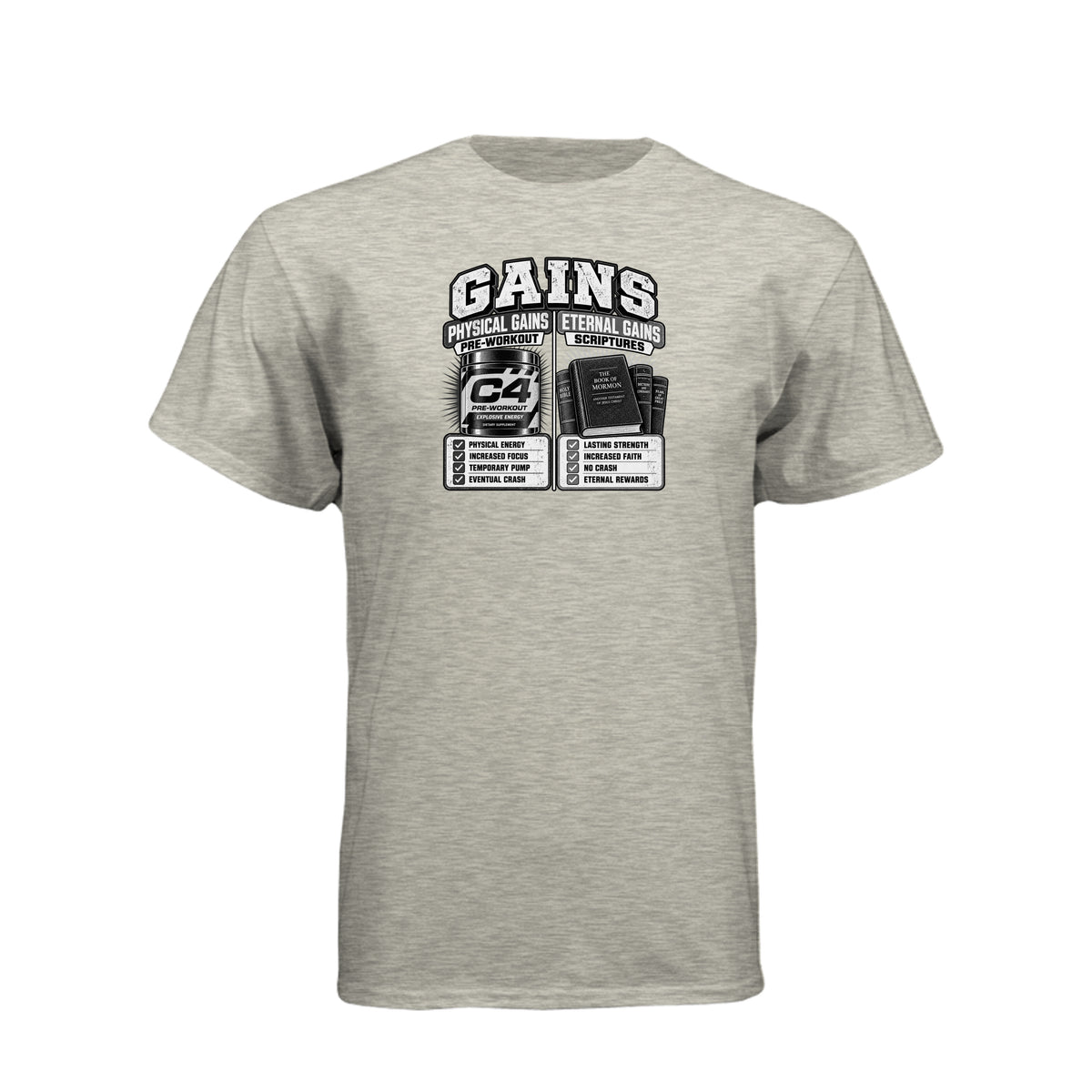 Gains Physical and Eternal Strength LDS t-shirt combining fitness gains with spiritual growth message - product view 6