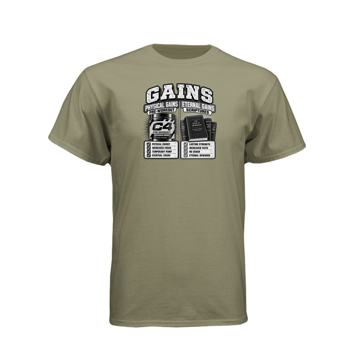 Gains Physical and Eternal Strength LDS t-shirt combining fitness gains with spiritual growth message - product view 7