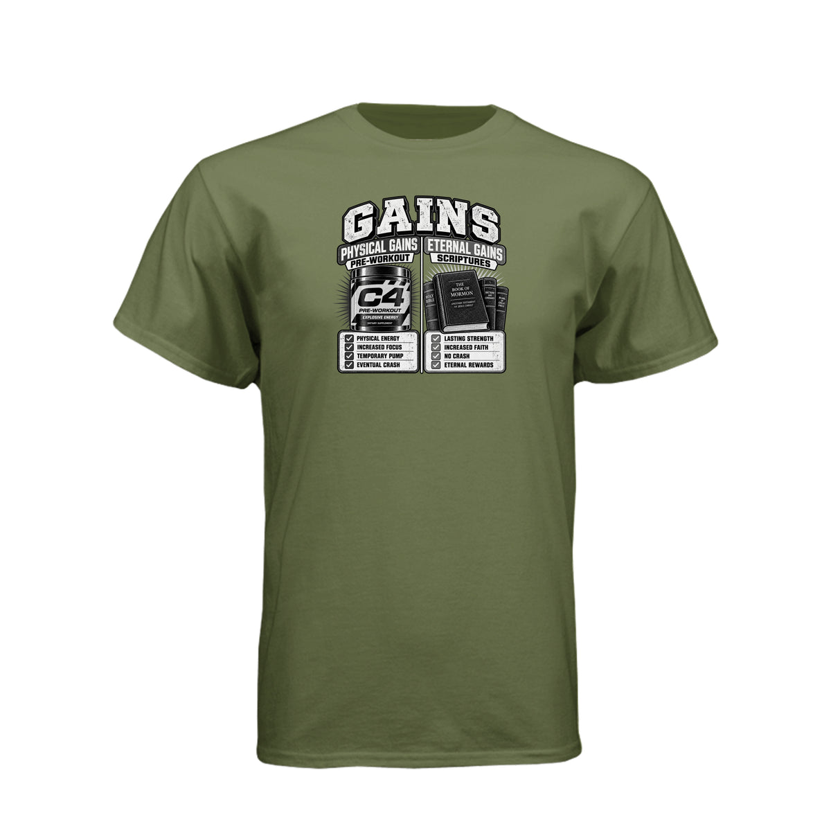 Gains Physical and Eternal Strength LDS t-shirt combining fitness gains with spiritual growth message - product view 8