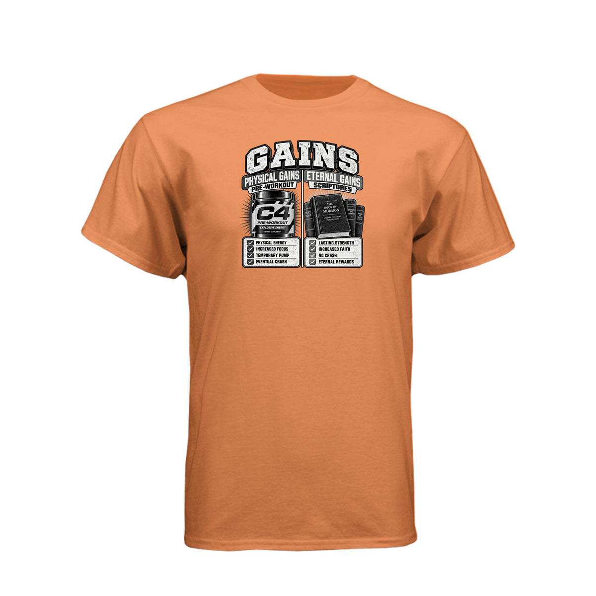 Gains Physical and Eternal Strength LDS t-shirt combining fitness gains with spiritual growth message - product view 9