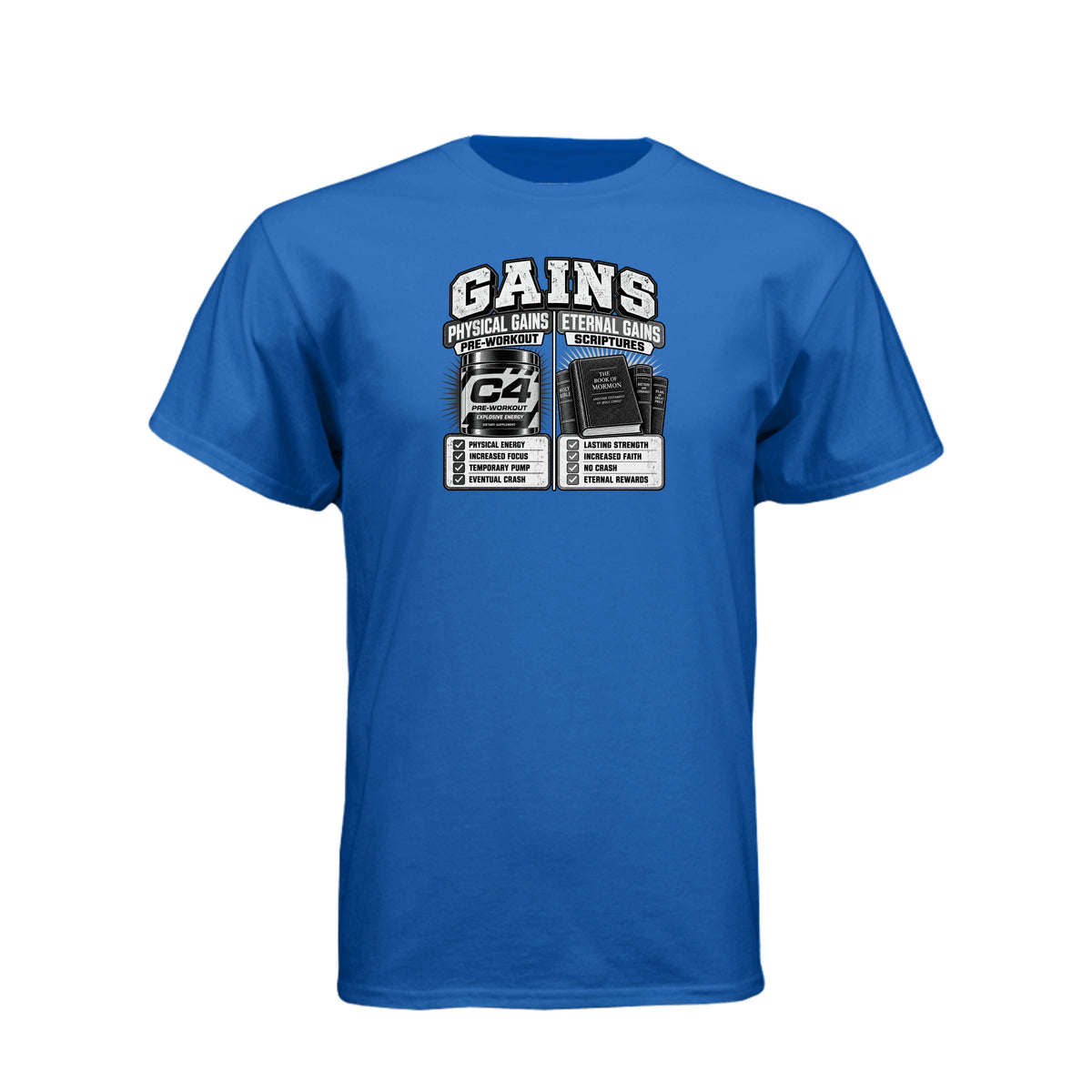 Gains Physical and Eternal Strength LDS t-shirt combining fitness gains with spiritual growth message - product view 10