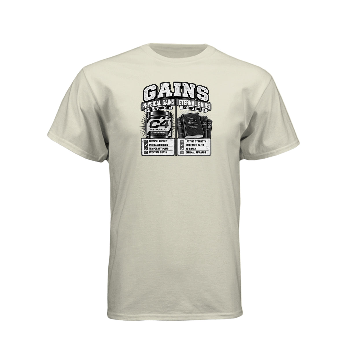 Gains Physical and Eternal Strength LDS t-shirt combining fitness gains with spiritual growth message - product view 11