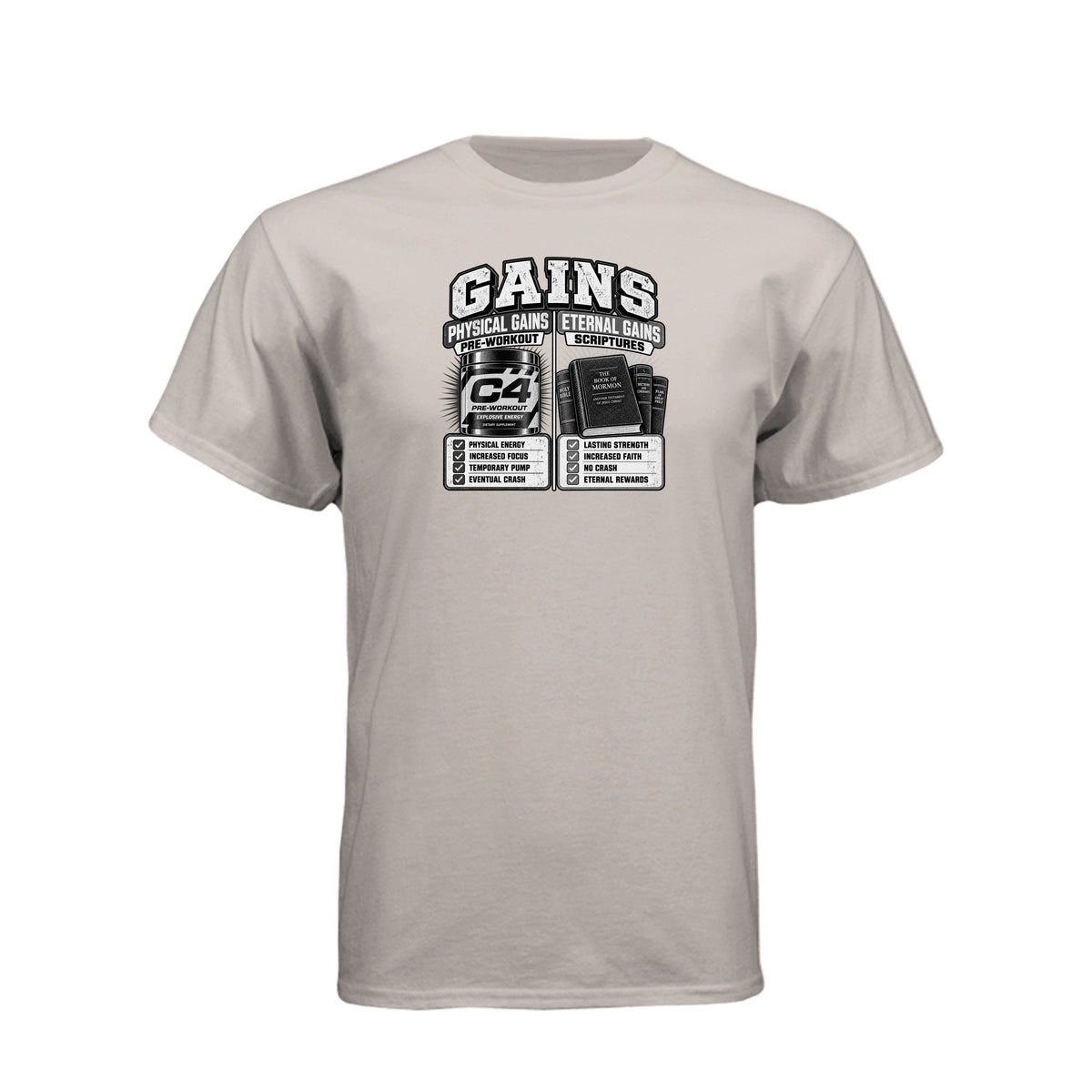 Gains Physical and Eternal Strength LDS t-shirt combining fitness gains with spiritual growth message - product view 12