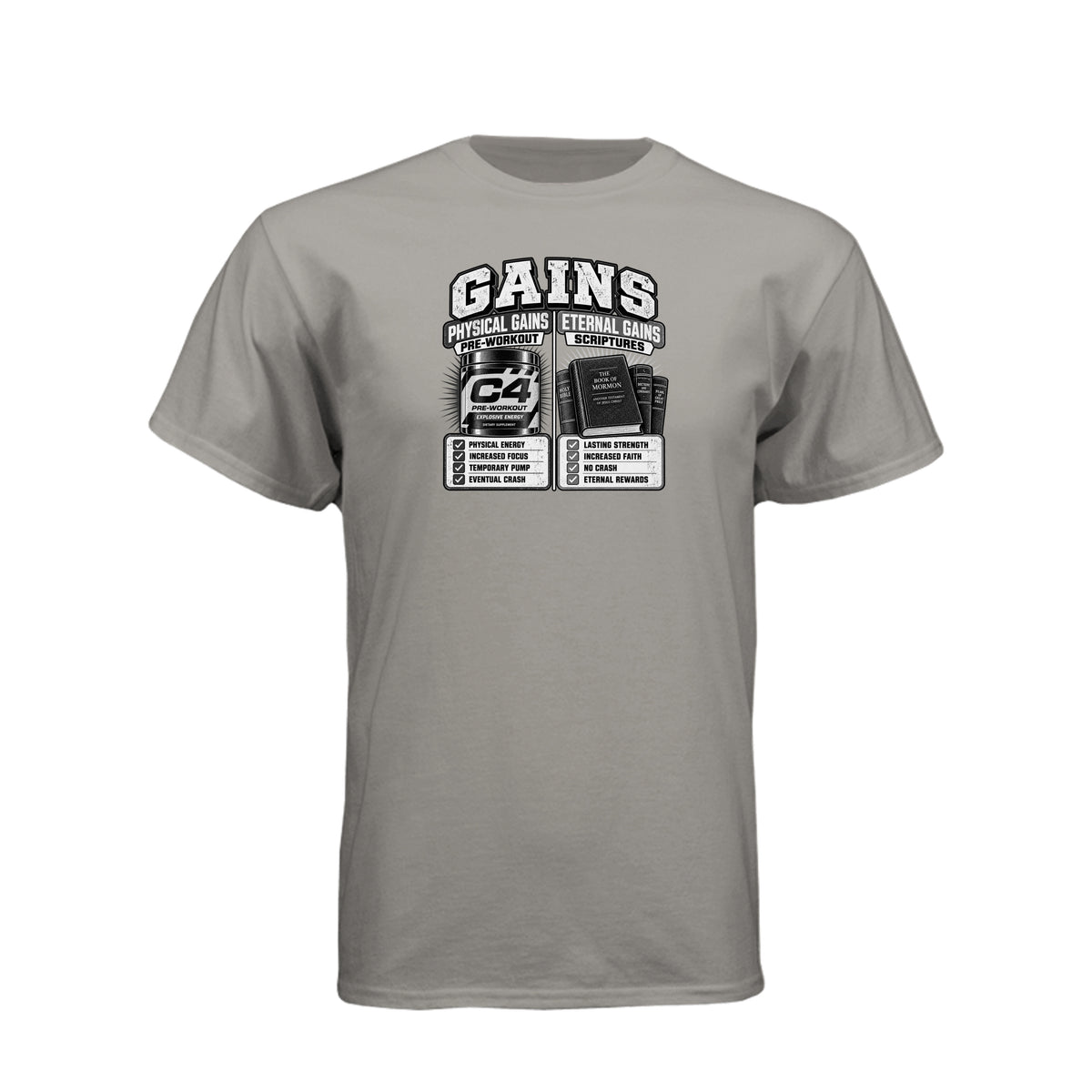 Gains Physical and Eternal Strength LDS t-shirt combining fitness gains with spiritual growth message - product view 13