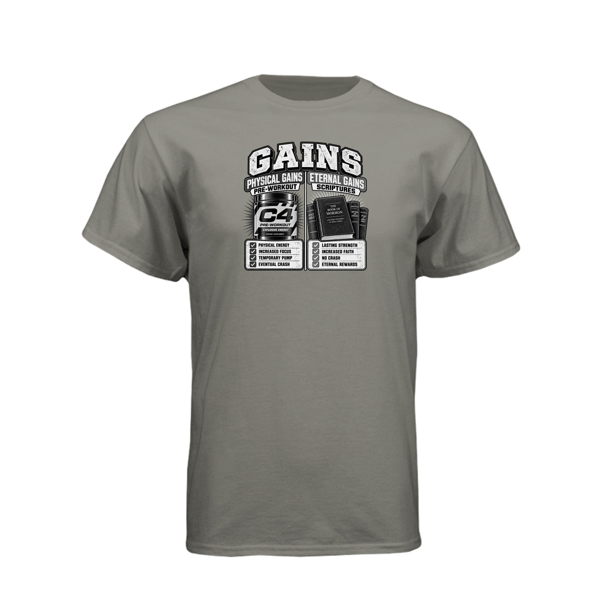 Gains Physical and Eternal Strength LDS t-shirt combining fitness gains with spiritual growth message - product view 14