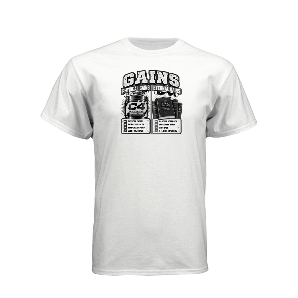 Gains Physical and Eternal Strength LDS t-shirt combining fitness gains with spiritual growth message