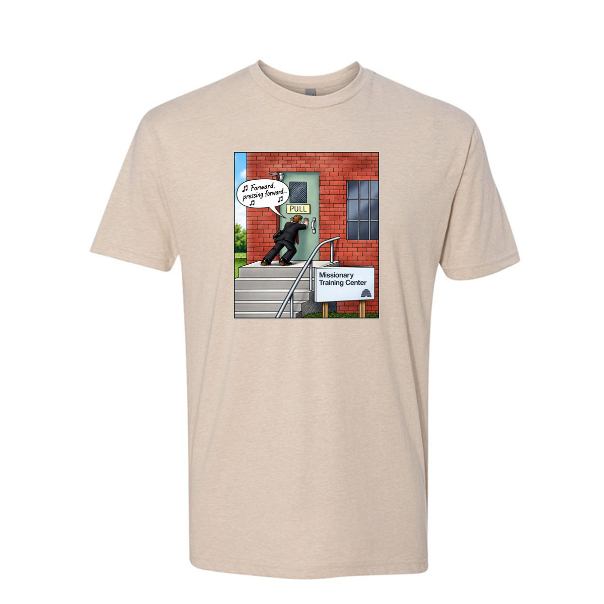 MTC Forward Pressing Forward LDS t-shirt featuring Missionary Training Center and missionary motivation - product view 2