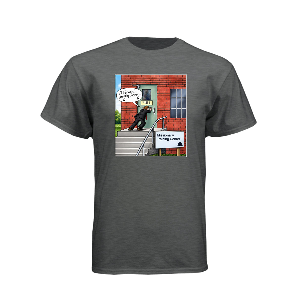 MTC Forward Pressing Forward LDS t-shirt featuring Missionary Training Center and missionary motivation - product view 3