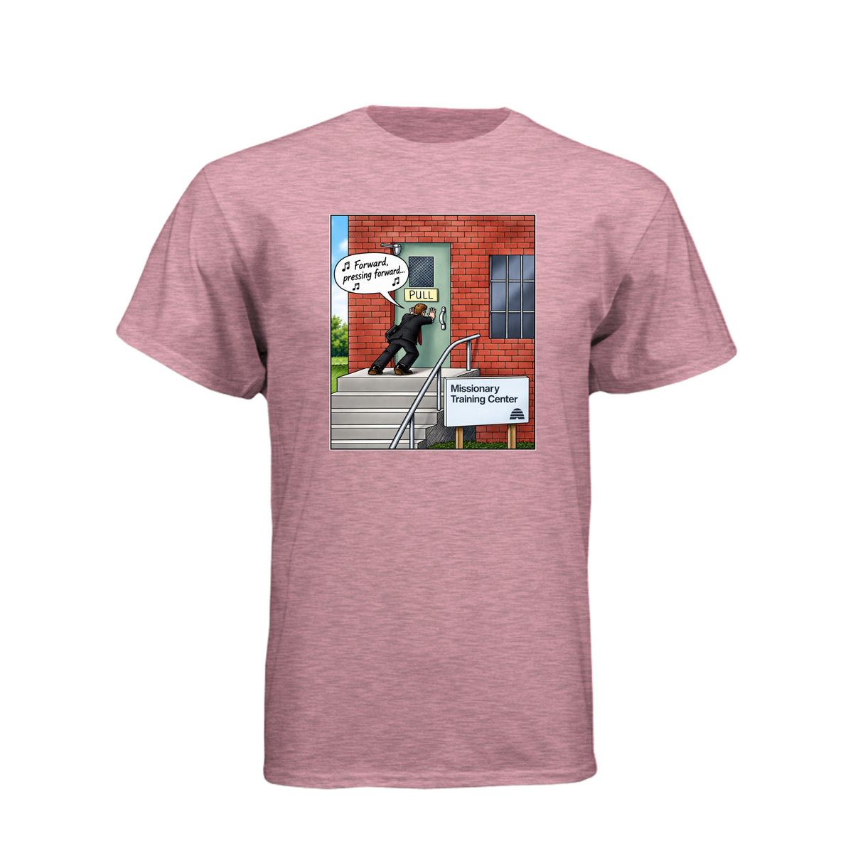 MTC Forward Pressing Forward LDS t-shirt featuring Missionary Training Center and missionary motivation - product view 4